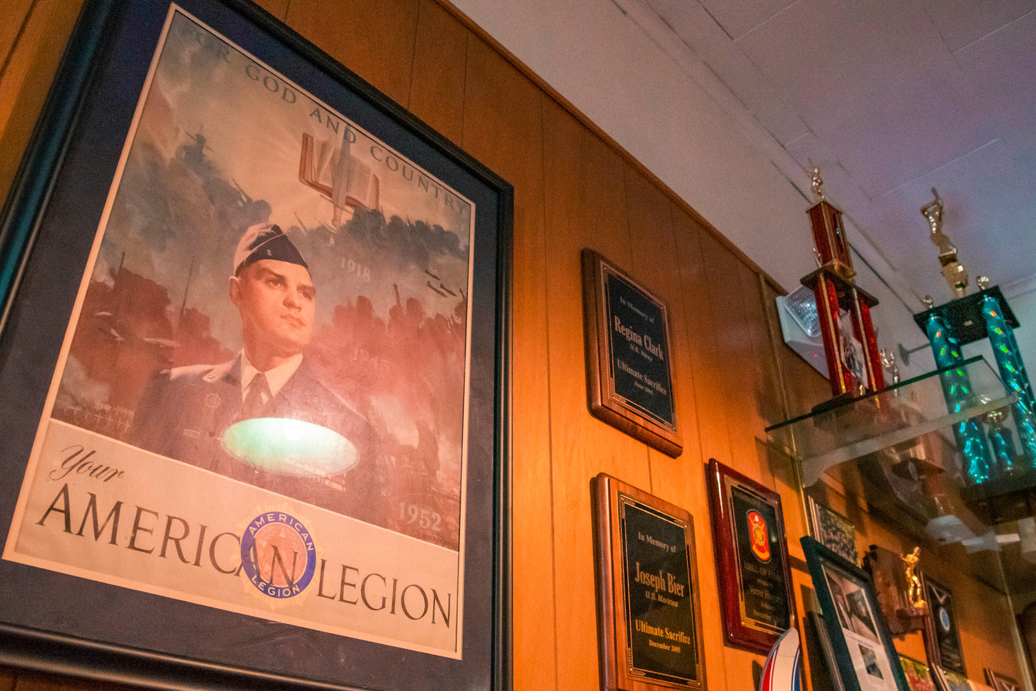 Awards and plaques sit on display inside the Centralia American Legion on Thursday.