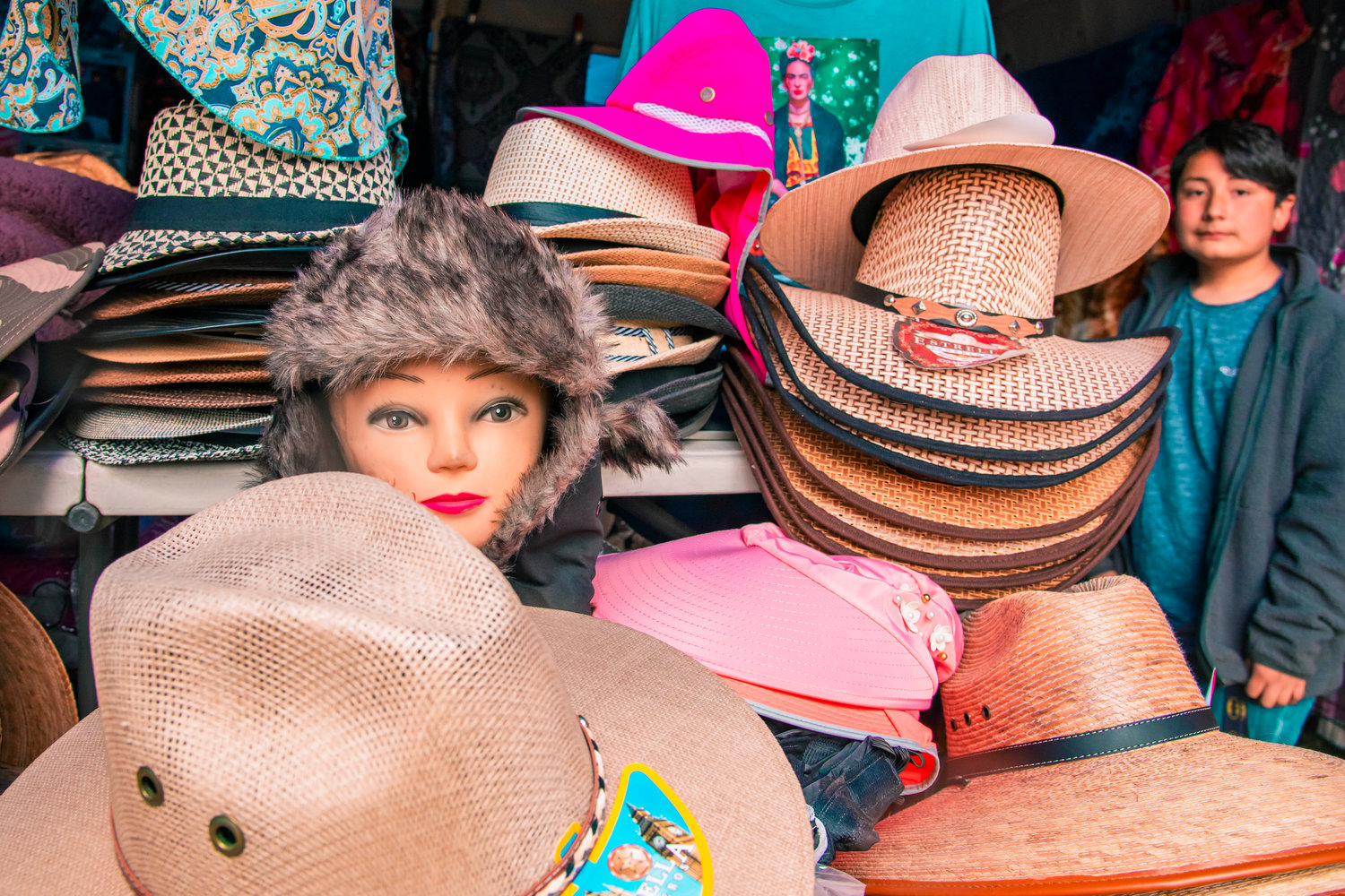 Hats are displayed for sale at the Packwood Flea Market on Friday.