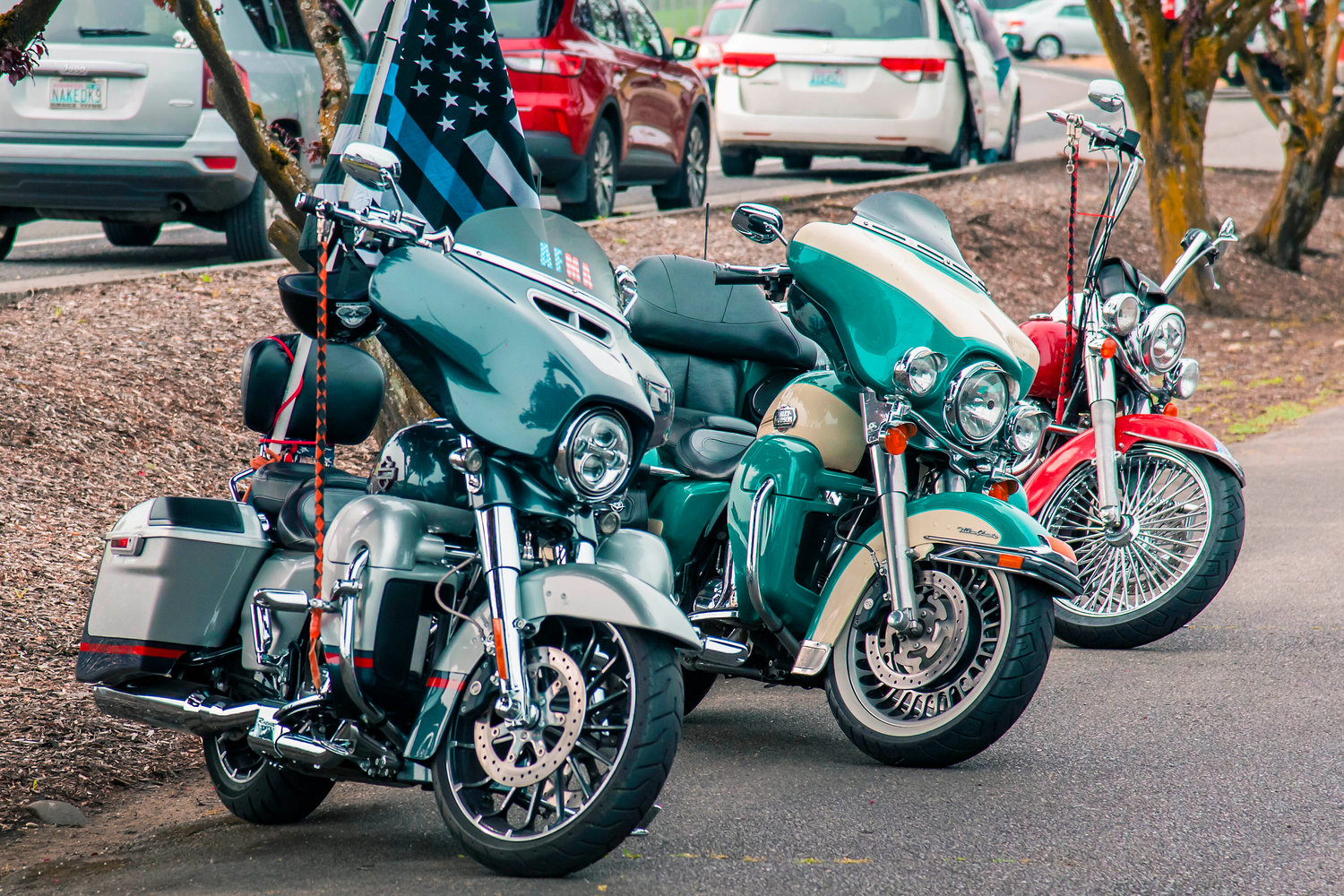 Motorcycles line the parking lot of the Chehalis Washington State Patrol office during a memorial ride for trooper Justin R. Schaffer on Sunday.