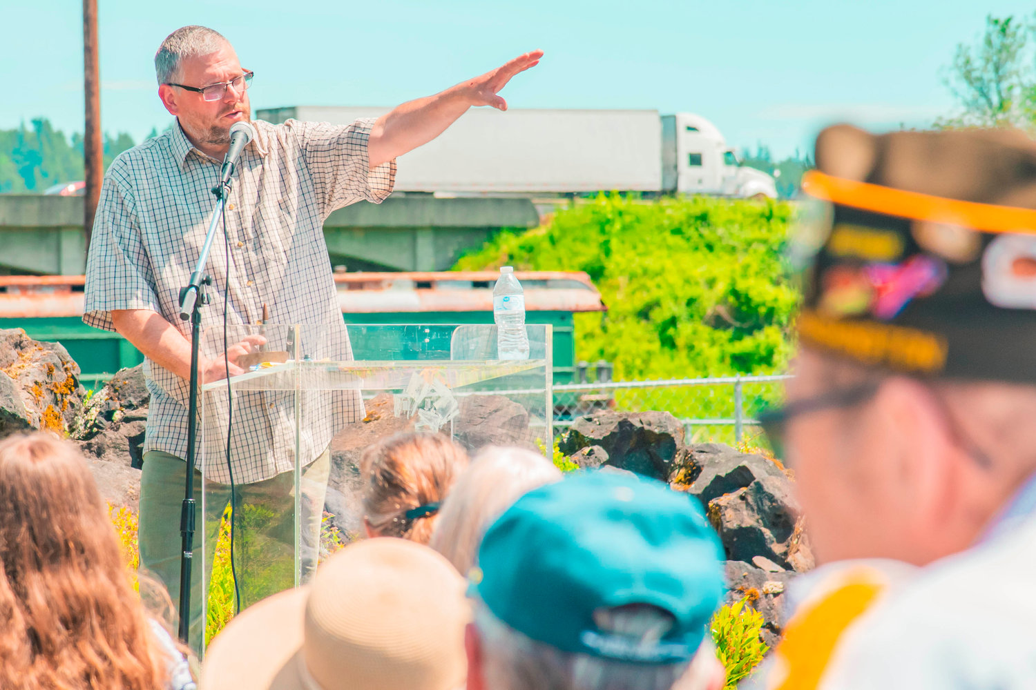 Museum Director Chip Duncan talks to a crowd in Chehalis on Memorial Day during a ceremony held at the Veterans Memorial Museum Monday.
