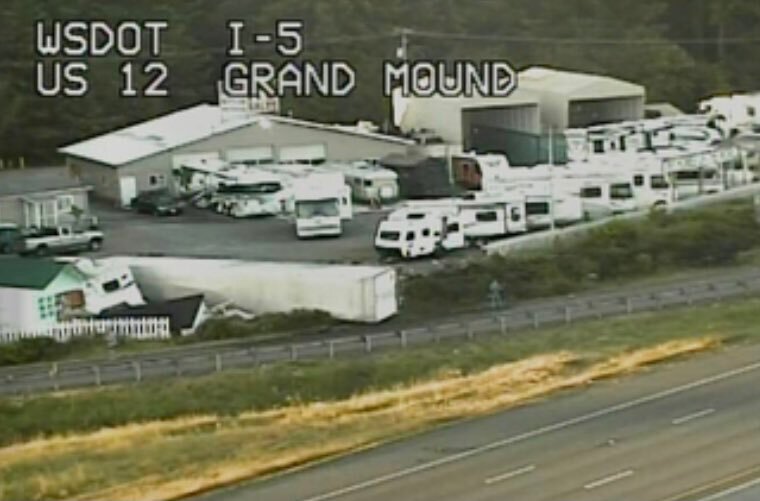 Washington State Troopers say a semi-truck crashed into an recreational vehicle sales park while trying to take the ramp from Northbound I-5 to State Route 12 Wednesday morning.