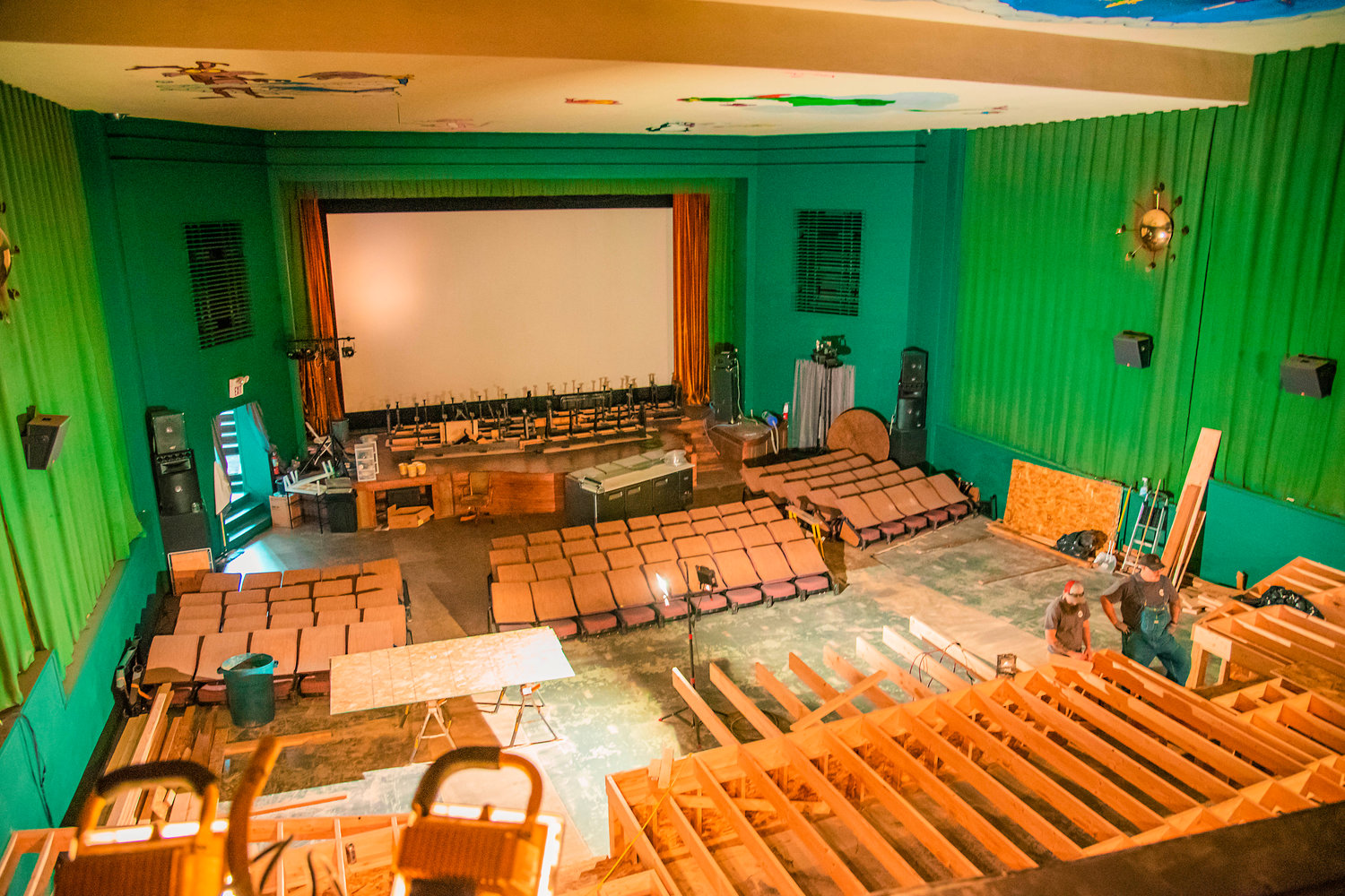 Flood lights illuminate the interior of the Chehalis Theater during renovatons on Tuesday.