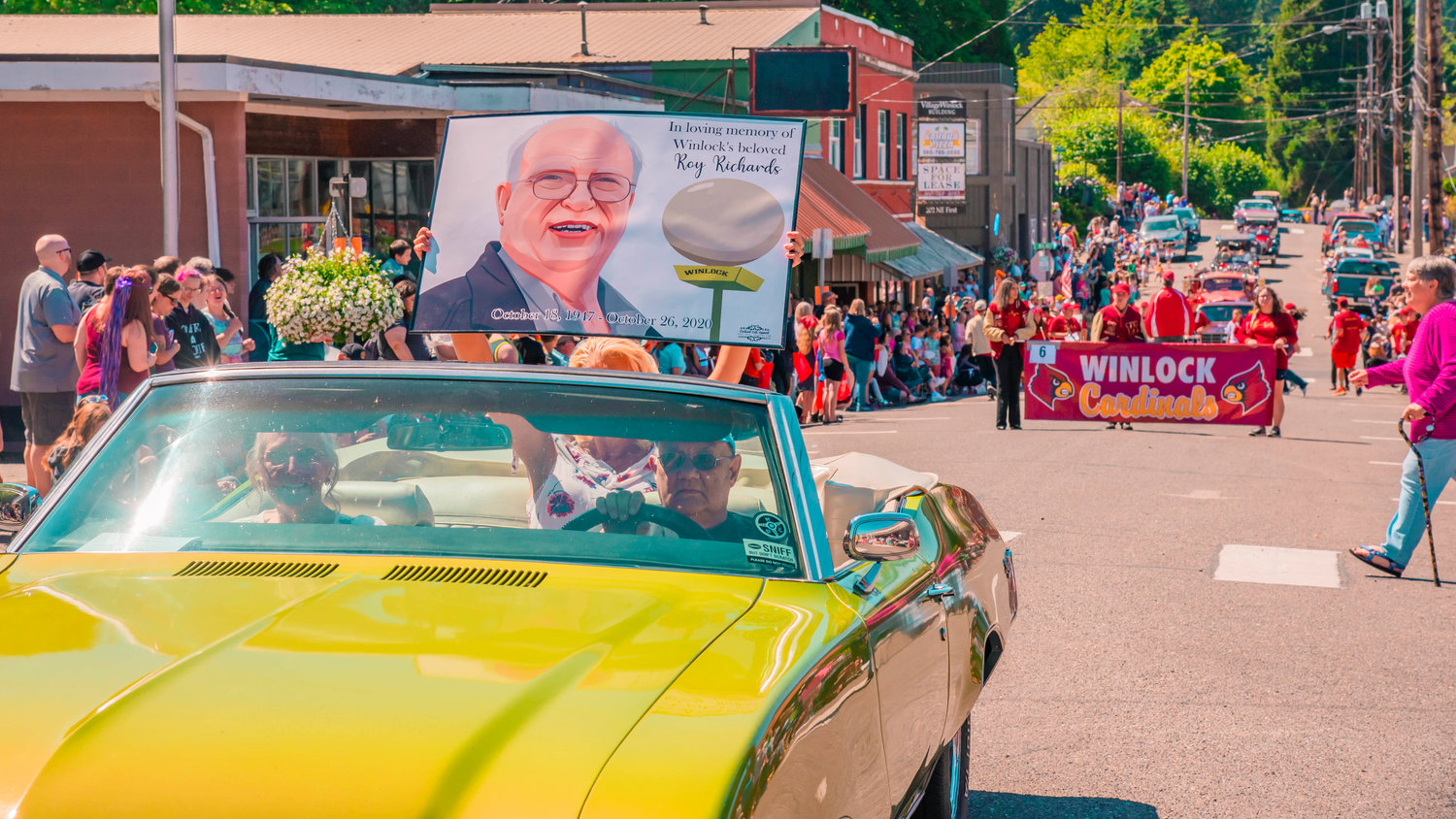 Late Winlock historian Roy Richards is honored as the grand marshal during the Egg Days parade in Winlock on Saturday.