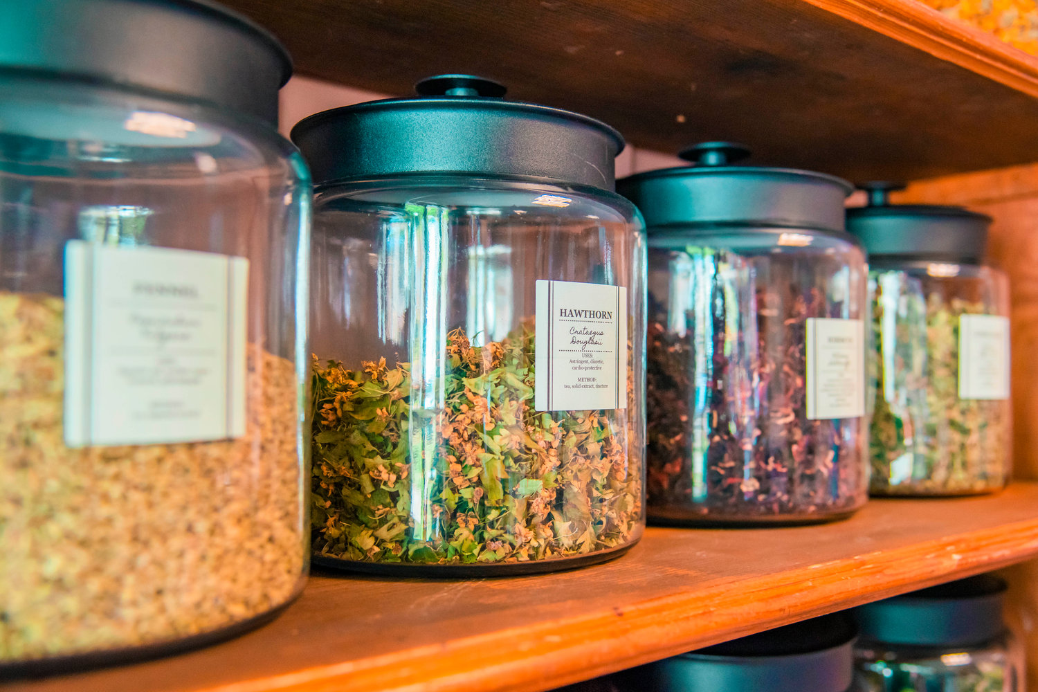 Natural herbs sit on display at Nature Nurture Farmacy in Chehalis on Tuesday.