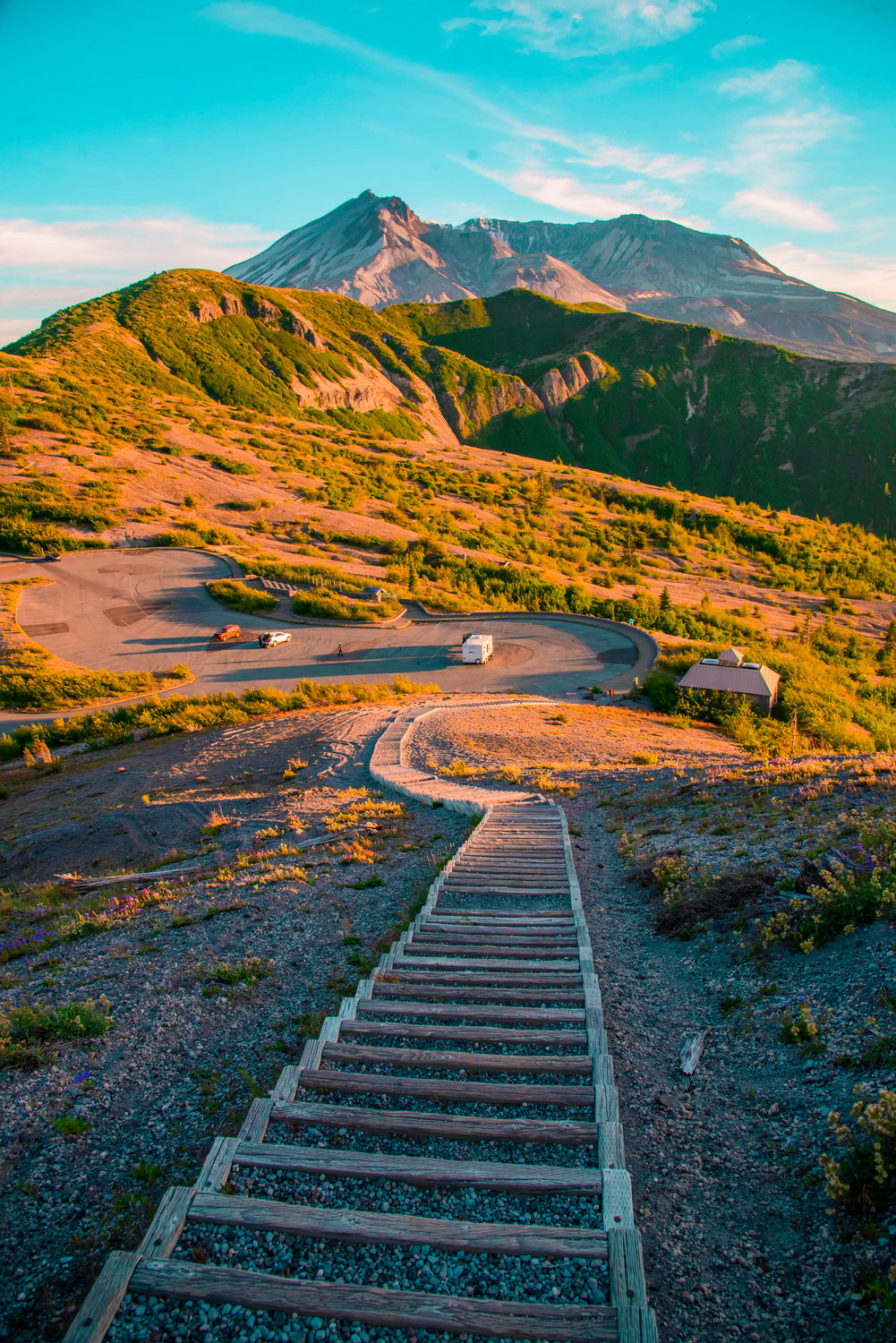 Sun shines on steps leading up the Windy Ridge Trail on Thursday near Mount St. Helens.