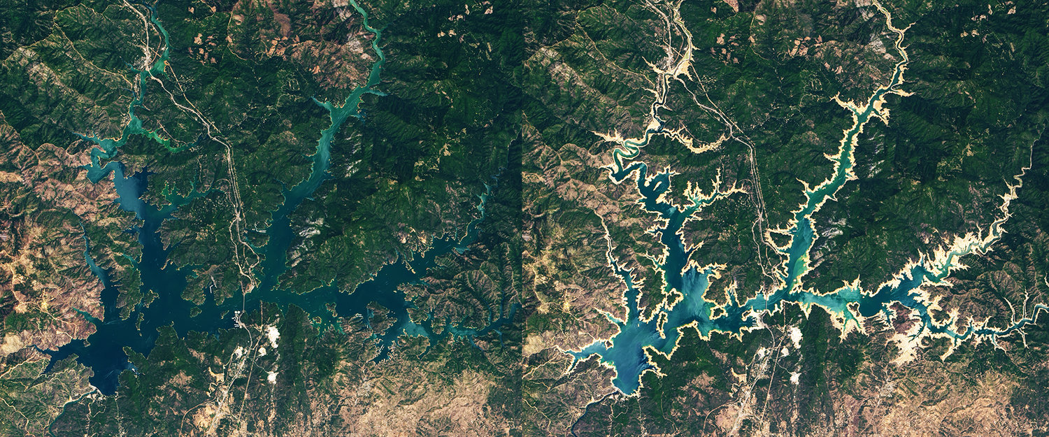 Satellite imagery shows Shasta Lake in July 2019, left, and June 2021. The state’s largest reservoir is at about 35% of its capacity, officials said. (NASA/TNS)