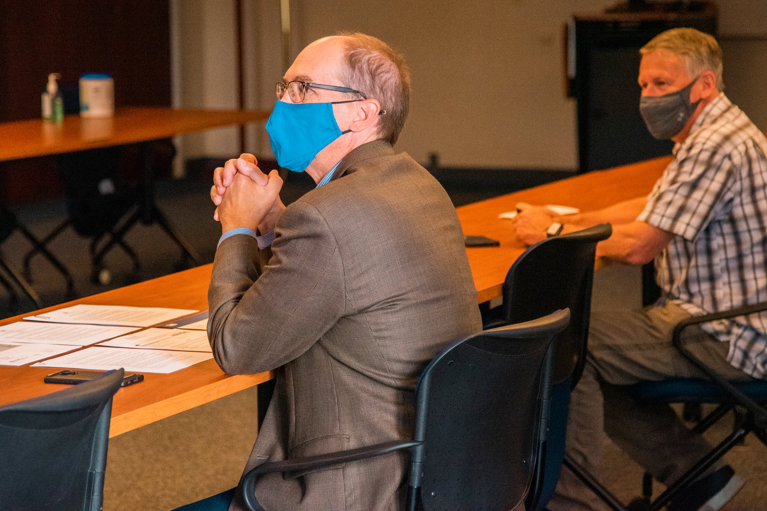 Board members sport masks Thursday in the Hanson Administration Building at Centralia College during a Board of Trustees meeting.