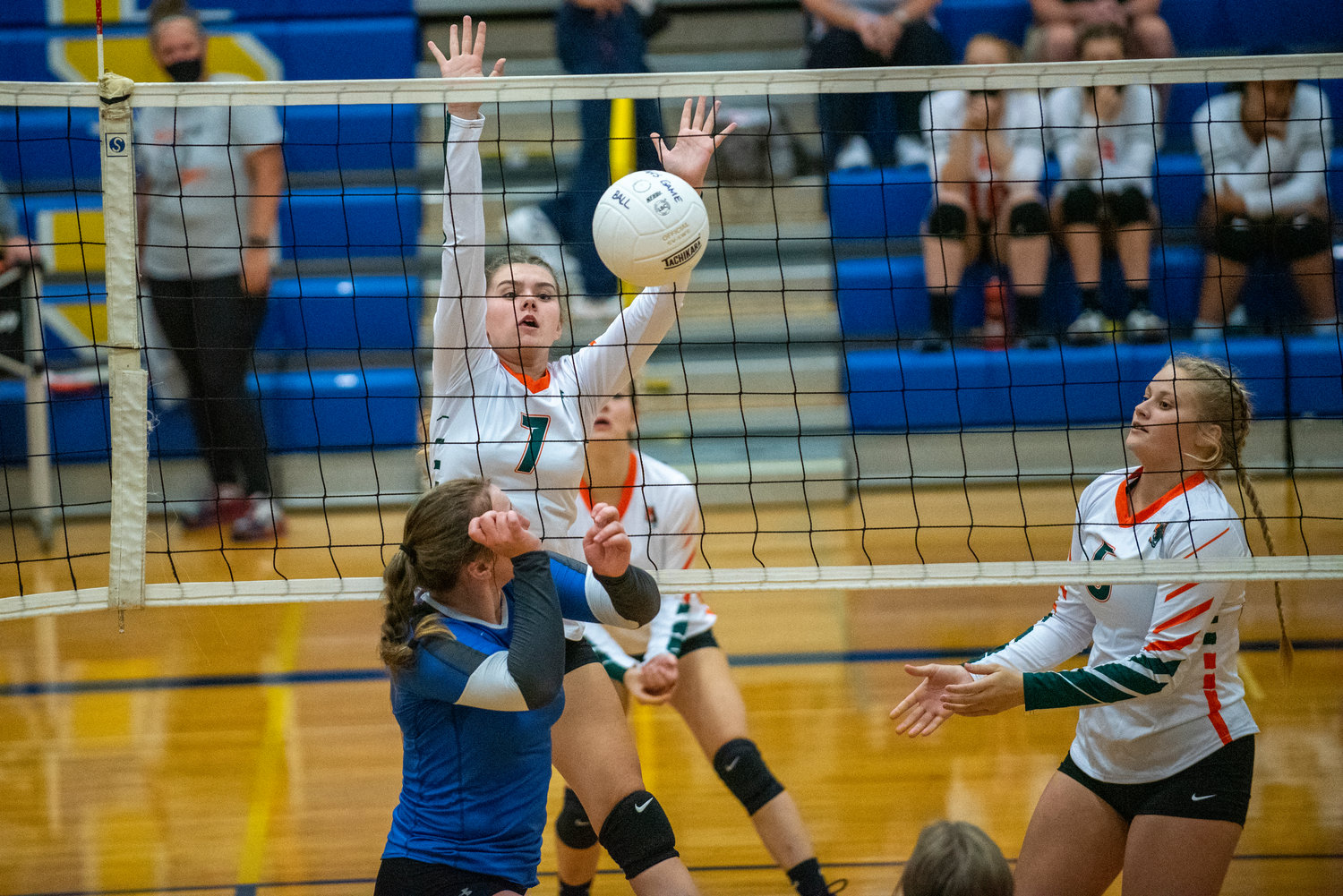 Morton-White Pass' Maddie Clevenger (7) knocks the ball over in front of Adna's JV team on Saturday.