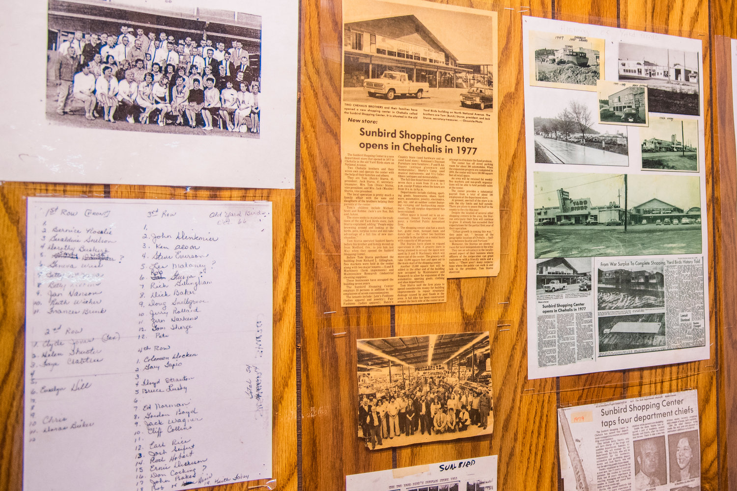 A news clipping is displayed inside the Sunbird Shopping Center from when the business opened in 1977 at the Chehalis location.