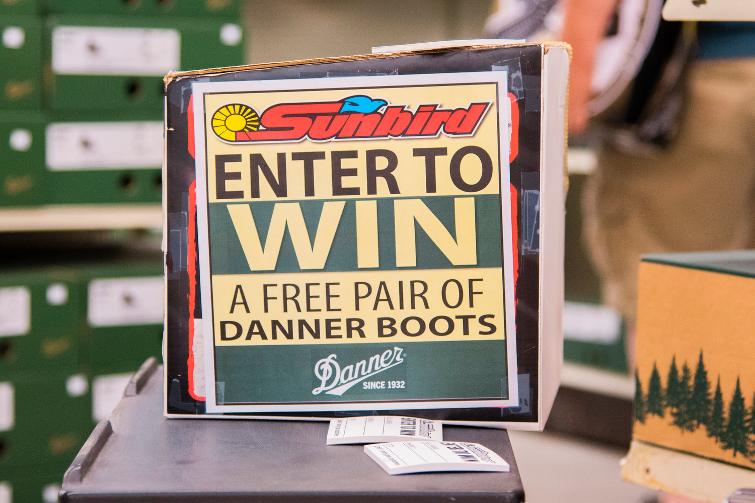Customers can "Enter to win a free pair of Danner Boots," at the Sunbird Shopping Center in Chehalis.
