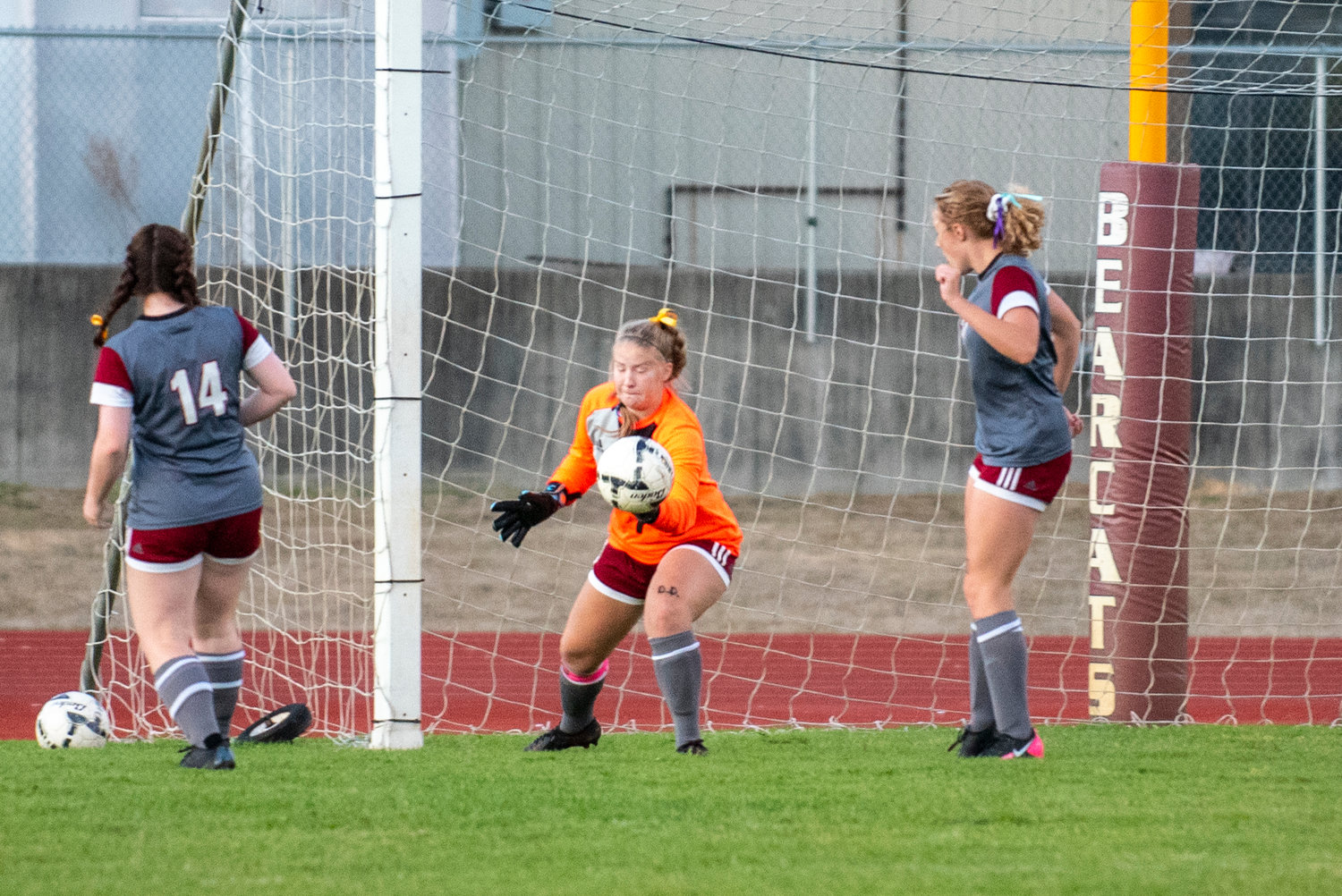 FILE PHOTO -- W.F. West keeper Carlie Deskins makes a save on a Tumwater shot last week in Chehalis.