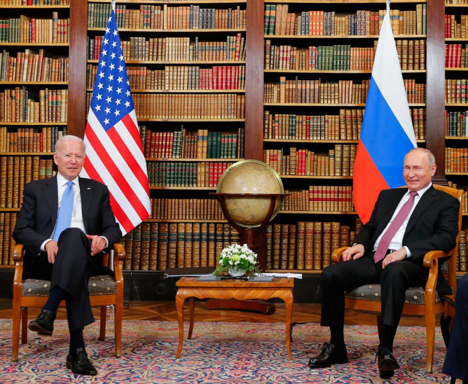 US President Joe Biden, left, meets with Russian President Valdimir Putin at the Villa la Grange in Geneva on June 16, 2021. (Denis Balibouse/Pool/AFP via Getty Images/TNS)