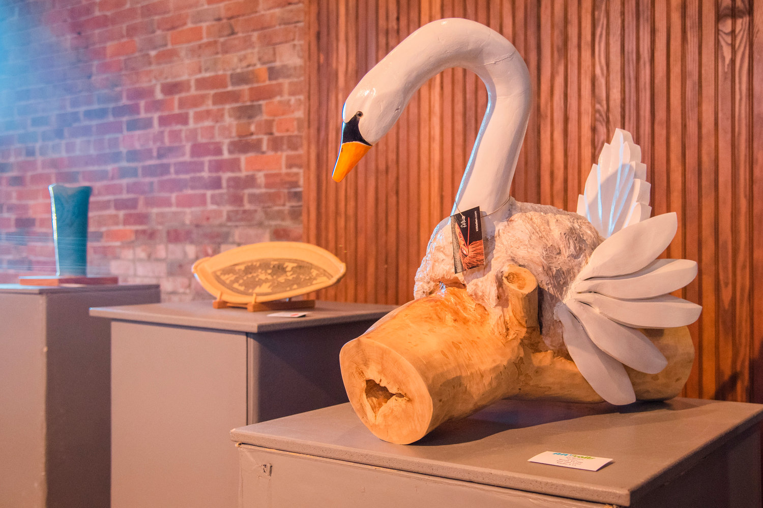 A wooden swan by Kit Metlen is displayed inside the historic Centralia Train Station during an ARTrails Studio Tour on Saturday.