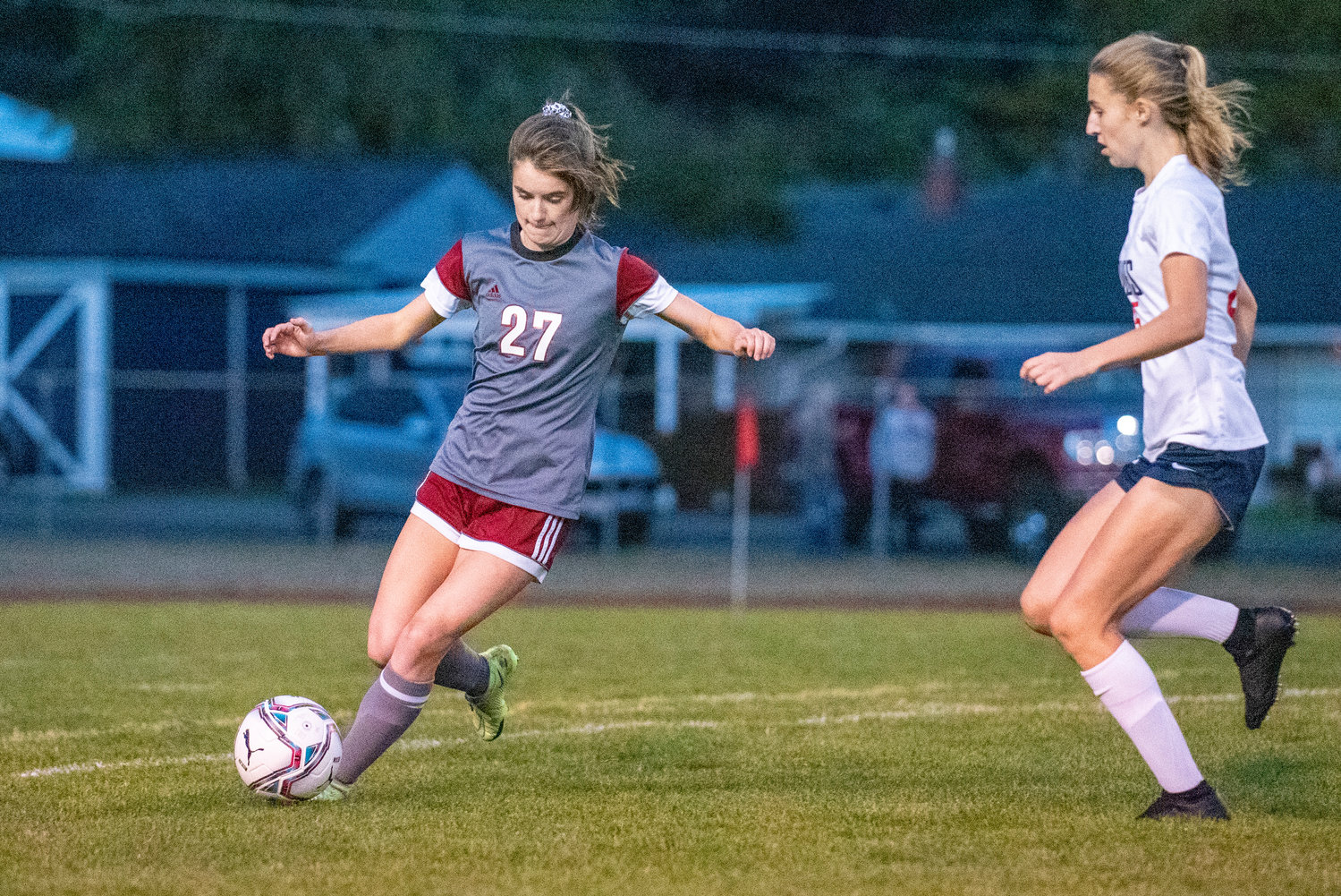 W.F. West's Audrey Toynbee (27) clears a ball against Black Hills on Tuesday.