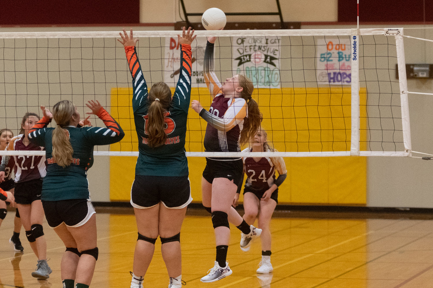 Winlock's Madison Rohman hits a ball across the net in the Cardinals win over Morton-White Pass Tuesday night.