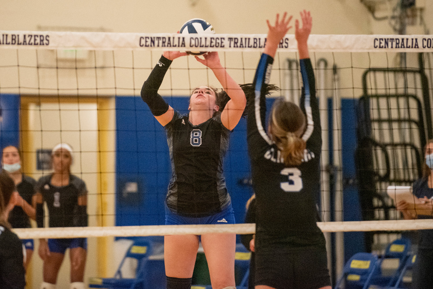 Centralia College's Jordyn Burks (8) sends the ball back over the net against South Puget Sound on Wednesday.