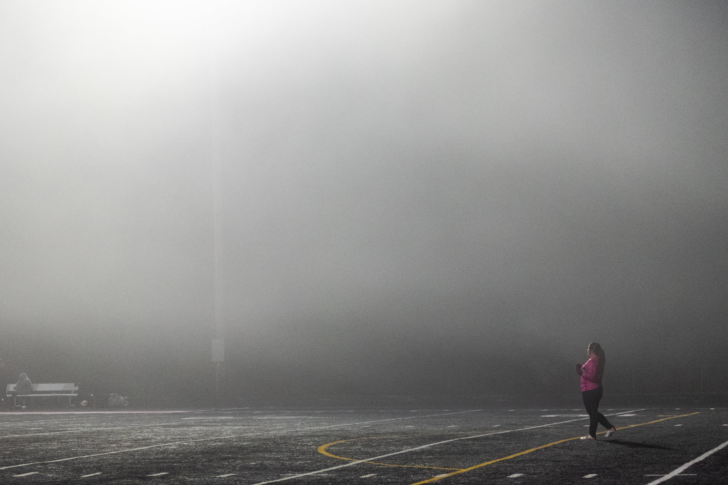 Tenino keeper Trinity Tafoya looks through the fog on the black turf against Elma Sept. 30.