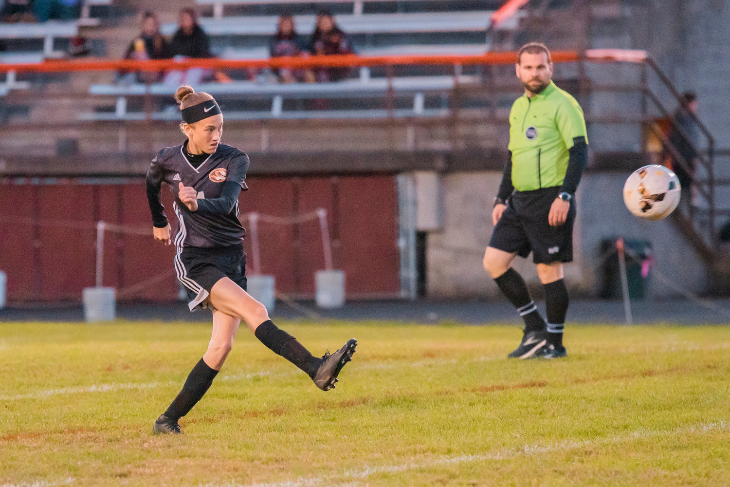FILE PHOTO -- Napavine’s Grace Pancake (4) scores a goal Wednesday night during a game against Forks at Tiger Field earlier this season.