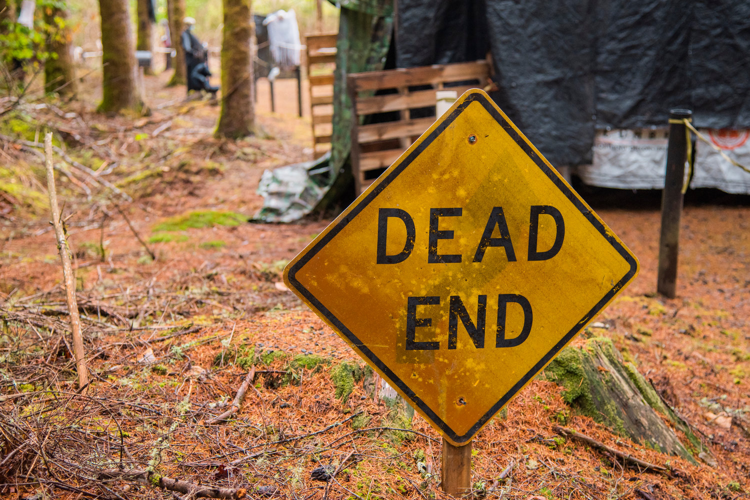 A “Dead End” sign is displayed along the path in the haunted forest at The Huntting’s Farm in Cinebar.