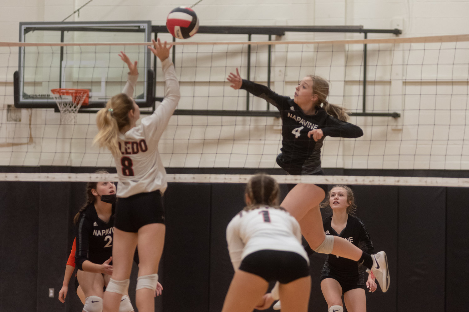 Napavine sophomore outside hitter Grace Gall goes up for a spike against Toledo Oct. 19.