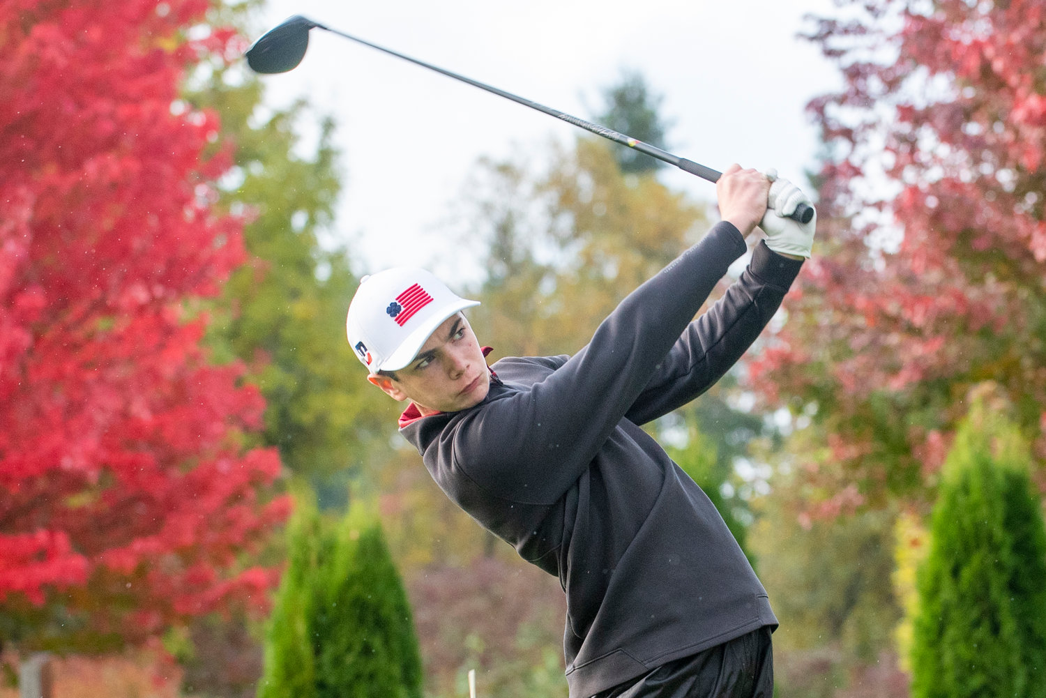 W.F. West freshman Ben Halverstadt tees off on Day One of the 2A District 4 Boys Golf Tournament at Riverside Golf Course in Chehalis on Oct. 20, 2021.