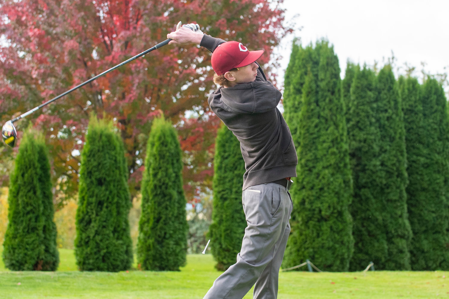 W.F. West sophomore Nate Dahlin tees off on Day One of the 2A District 4 Boys Golf Tournament at Riverside Golf Course in Chehalis on Oct. 20, 2021.
