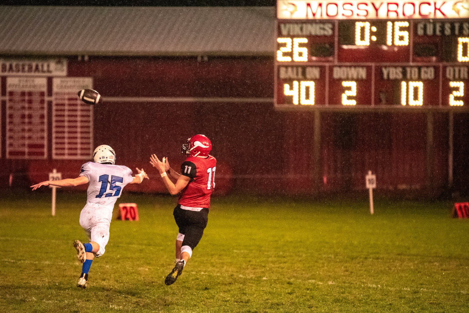 Mossyrock’s Zackary Munoz (11) makes a long reception during a game against Toutle Lake Thursday night.