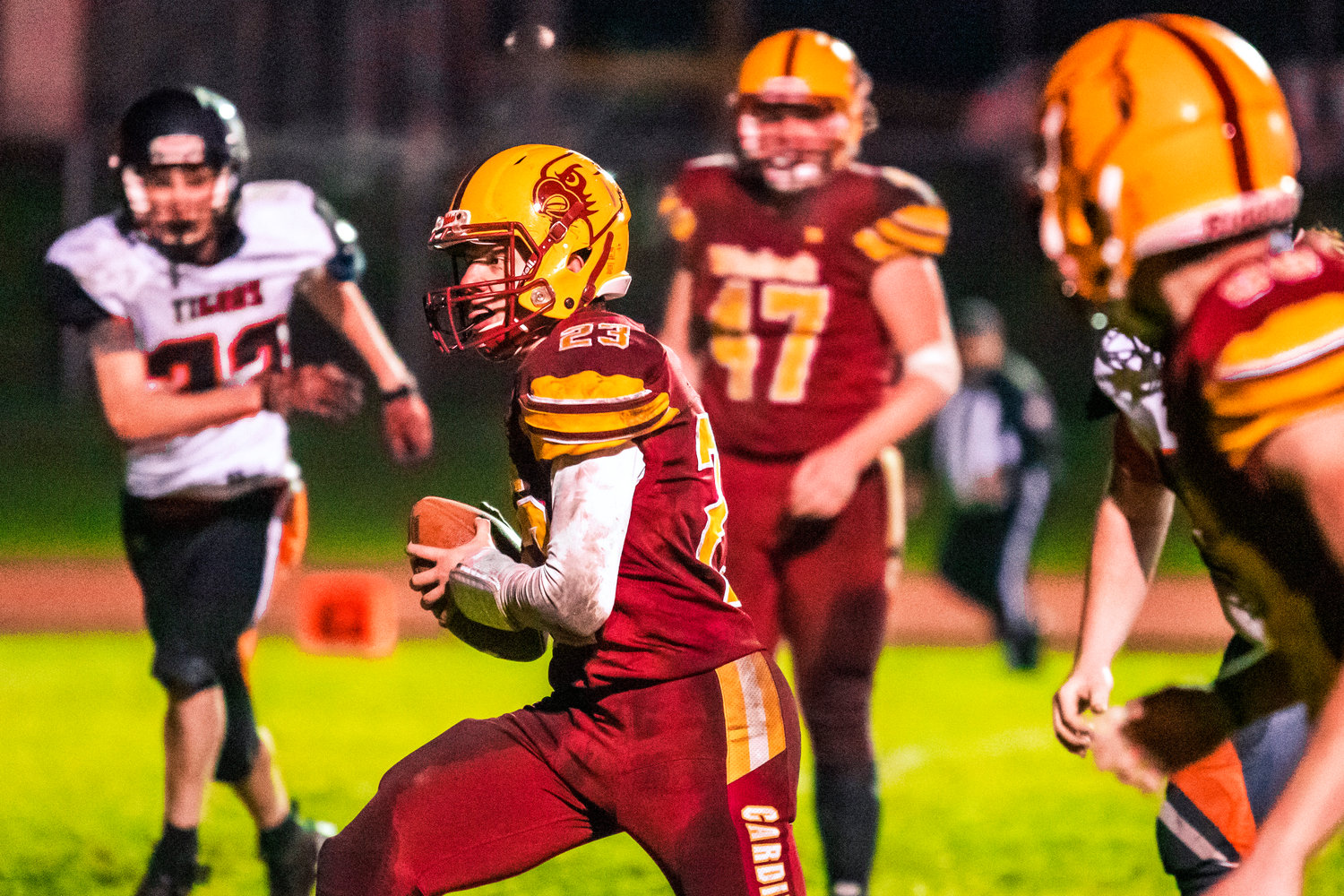 Winlock Senior Neal Patching (23) runs with the football for a touchdown Friday night on Homecoming.