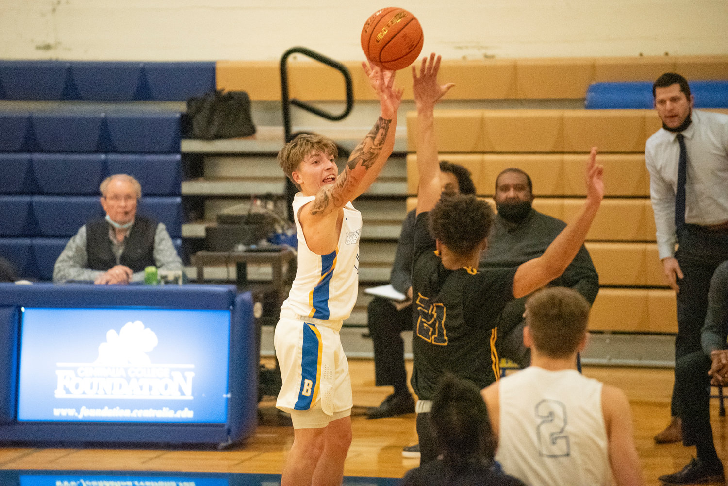 Centralia College's Colby White (0) shoots a 3-pointer against Portland on Dec. 1.