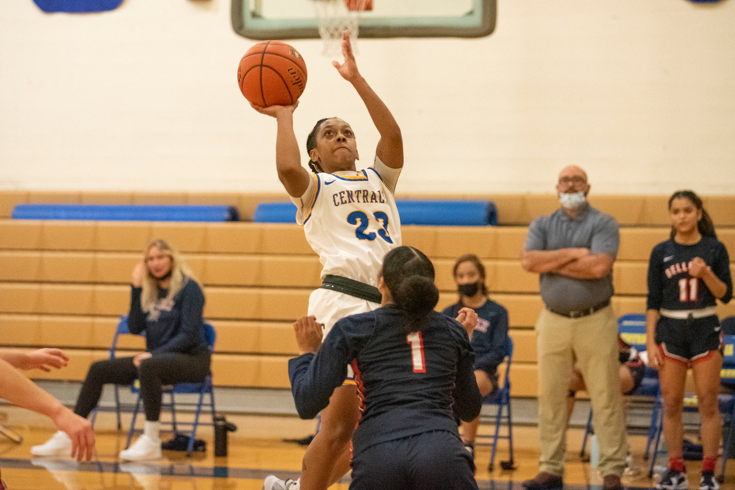 Centralia College's Najahia Forks (23) knocks down a floater against Bellevue College on Dec. 1.