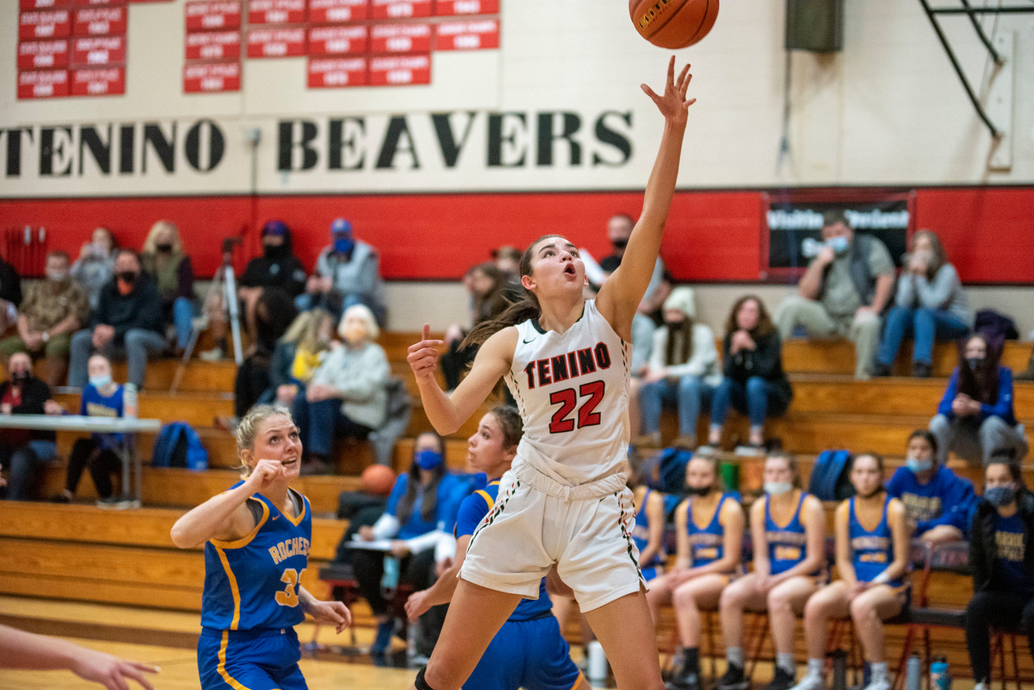 Tenino's Ashley Schow leaps for a layup against Rochester on Dec. 2.
