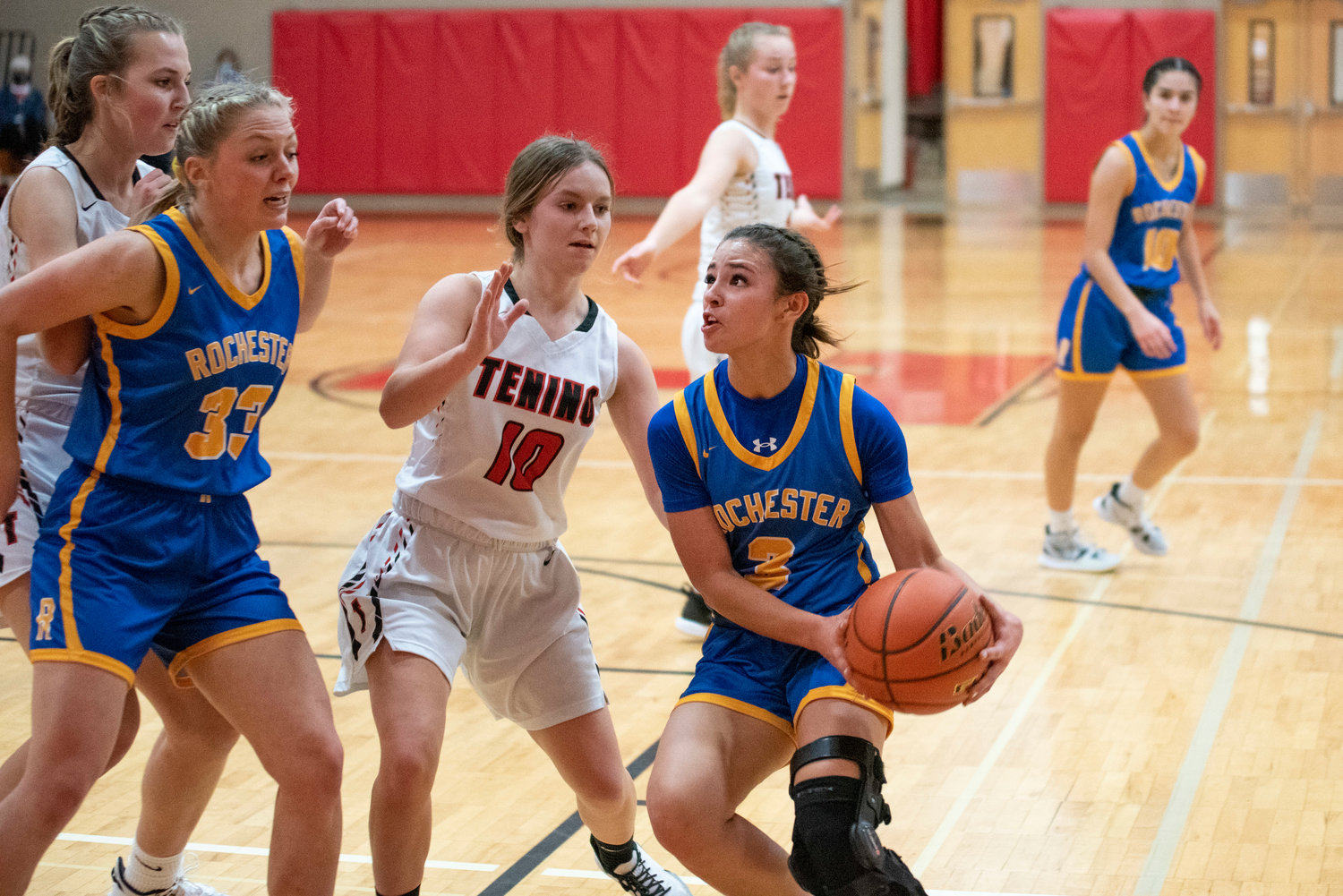 Rochester's Sadie Knutson (3) looks to put up a shot against Tenino on Dec. 2.