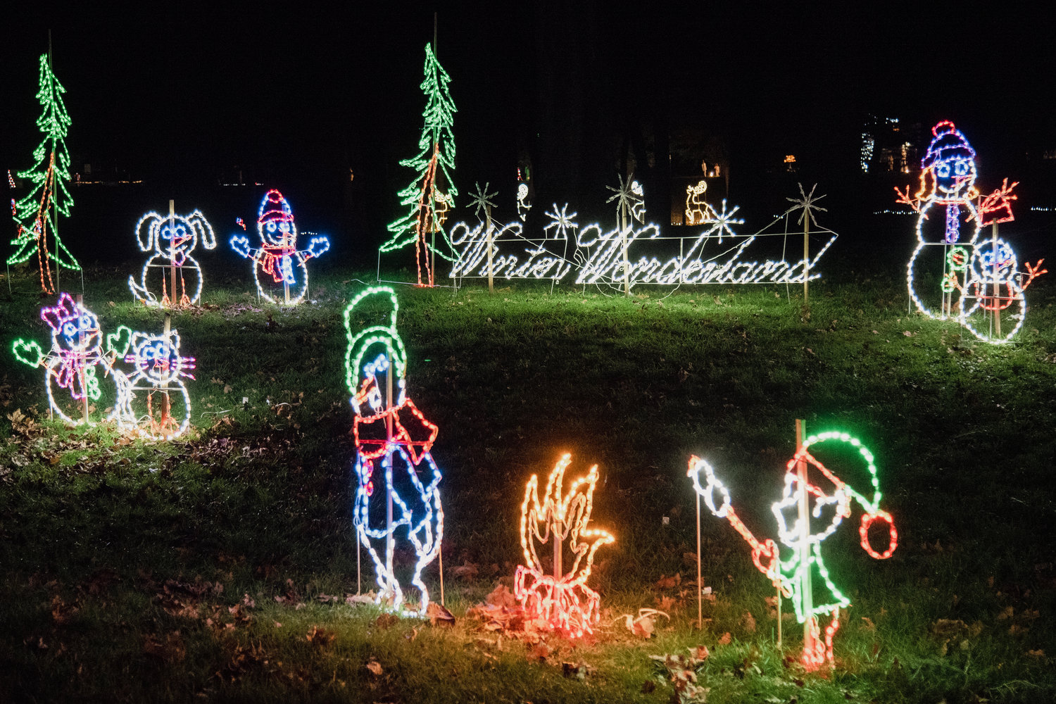 Lights illuminate characters and the words “Winter Wonderland” during the Christmas lights drive-through at Fort Borst Park in Centralia.