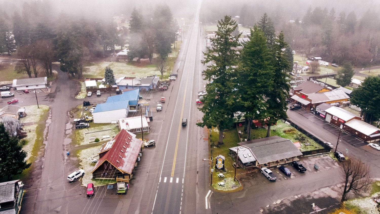 Fog fills the air over downtown Packwood after a light snow on Monday.