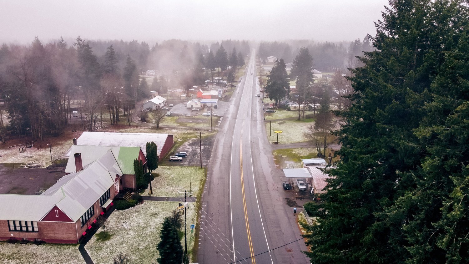 Downtown Packwood is seen on a foggy Monday after a dusting of snow.