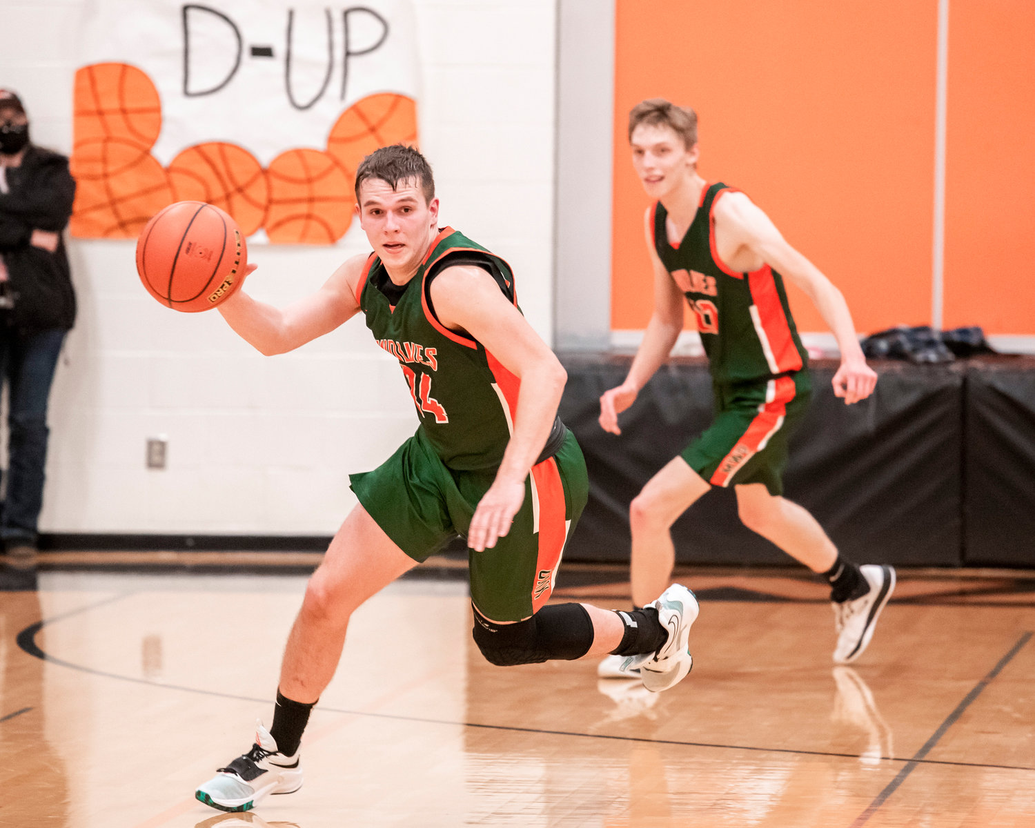MWP’s Carter Dantinne (24) takes the ball up the court after a steal during a game against the Tigers in Napavine Tuesday night.