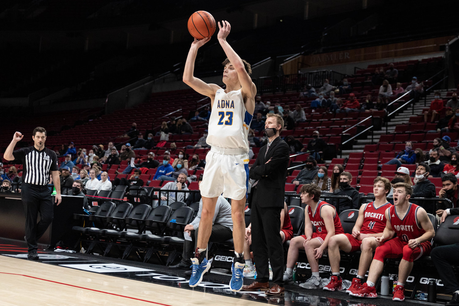 Adna guard Eli Smith takes a three-pointer right at the end of the half against Castle Rock at the Moda Center in Portland Dec. 18.