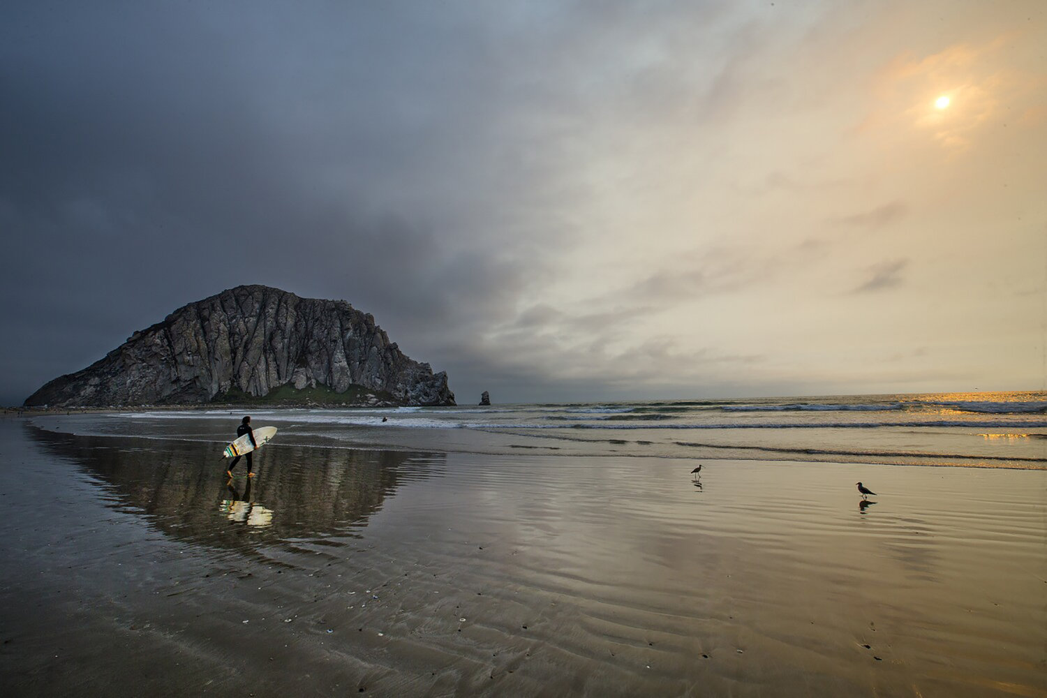 A surfer and Morro Rock in Morro Bay in 2016. A surfer in the area was killed by a great white shark in December. (Allen J. Schaben/Los Angeles Times/TNS)