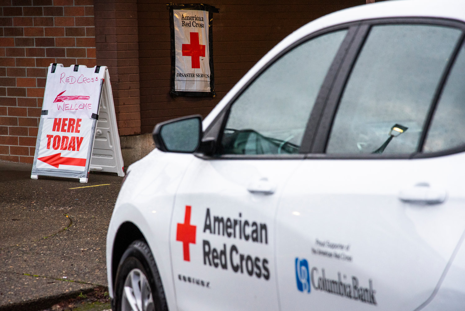 Signage for the American Red Cross is posted outside Centralia Middle School Friday morning.