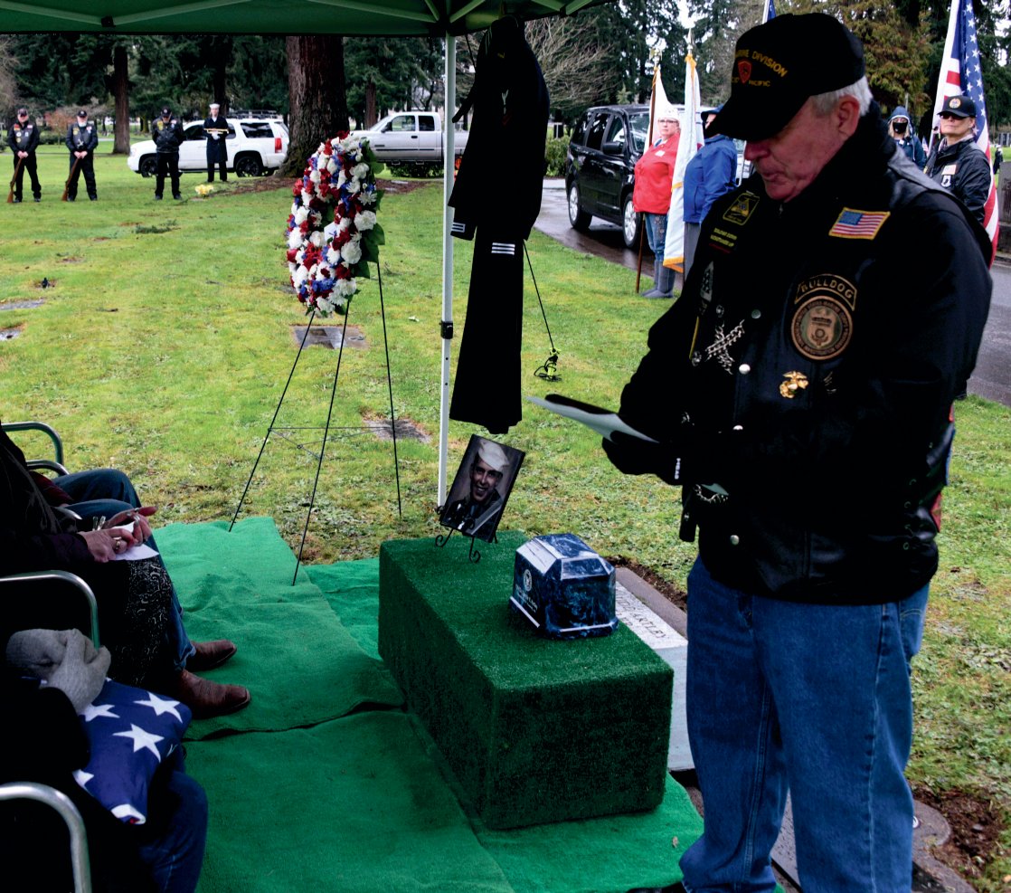 Patriot Guard Riders Southwest Washington Ride Captain Lynn Vaughn addresses those gathered at Park Hill Cemetery in Vancouver to bury U.S. Navy Quartermaster Second Class Daryle Artley on Jan. 3.