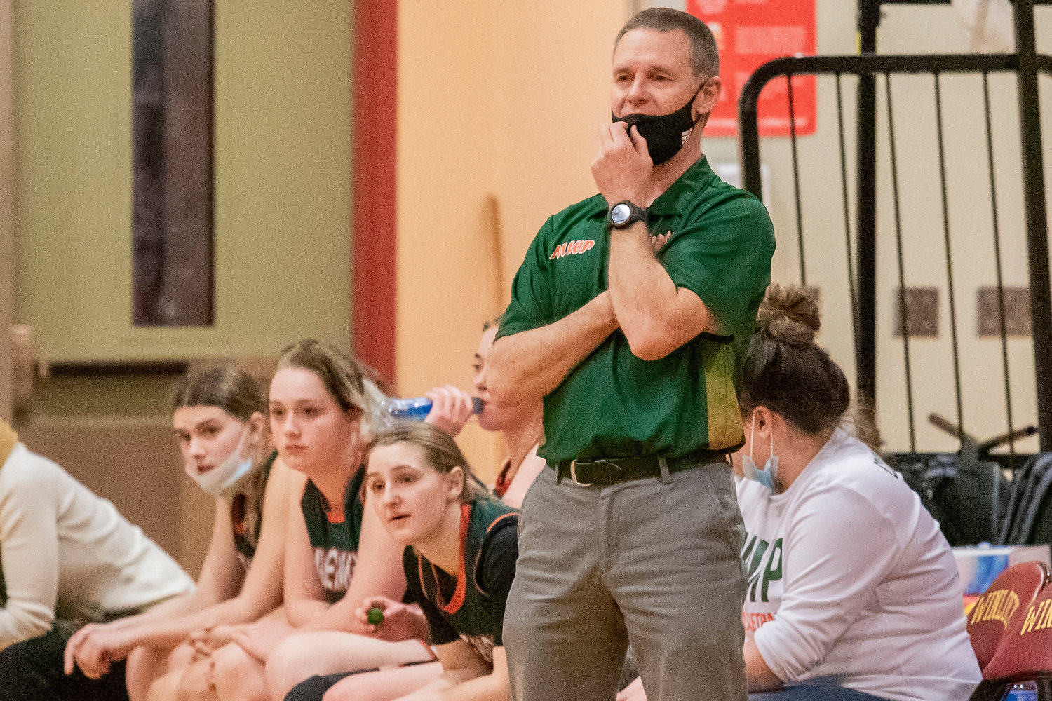 Morton-White Pass Head Coach Curt Atkinson watches courtside during a game Tuesday night as athletes play in Winlock.