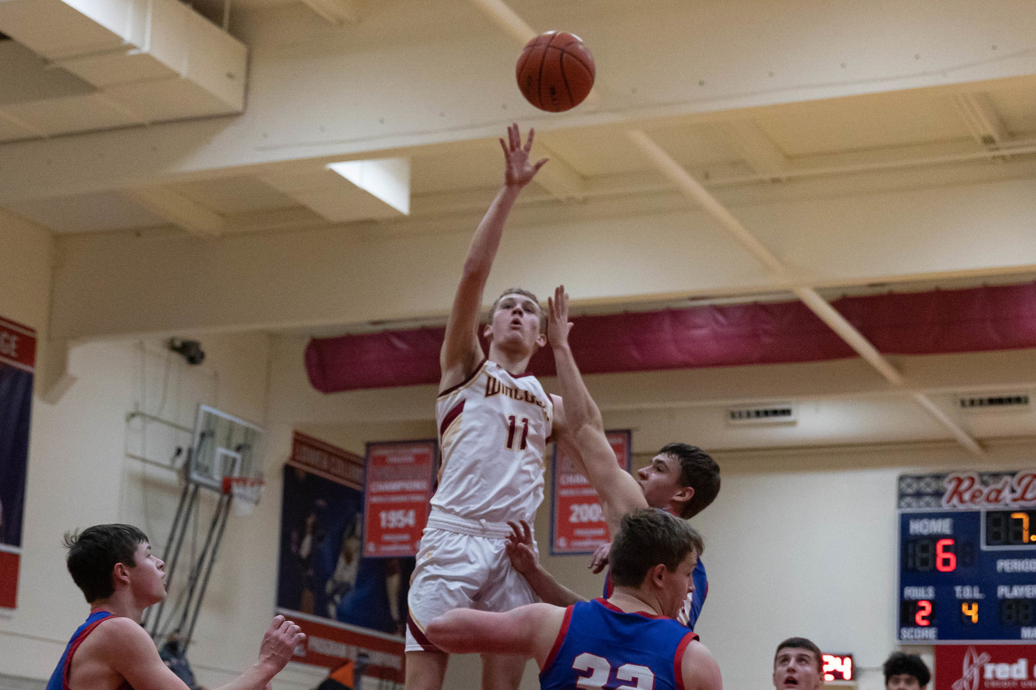 Winlock guard Caleb Richendollar takes a floater against Willapa Valley at the MLK Tribute at Lower Columbia Community College in Longview Jan. 17.