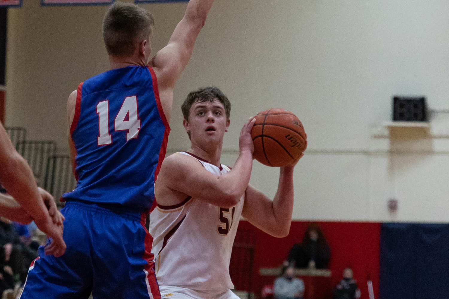 Winlock post James Cusson looks to pass against Willapa Valley at the MLK Tribute at Lower Columbia Community College in Longview Jan. 17.