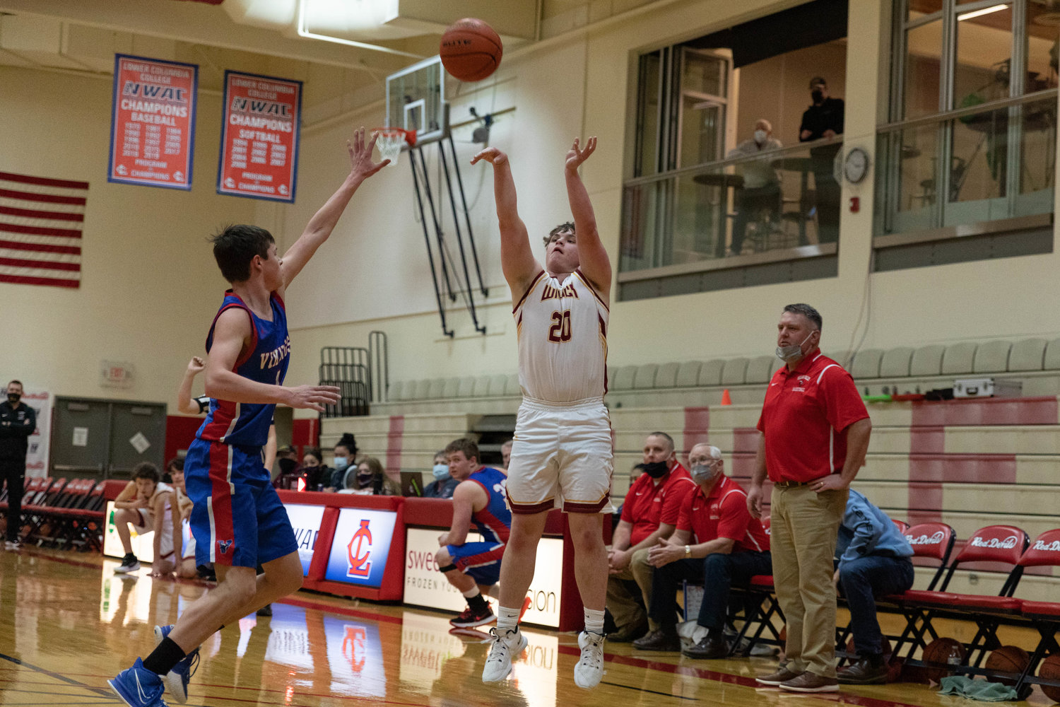 Winlock guard Cole Fray-Parmantier takes a 3-pointer against Willapa Valley at the MLK Tribute at Lower Columbia Community College in Longview Jan. 17.
