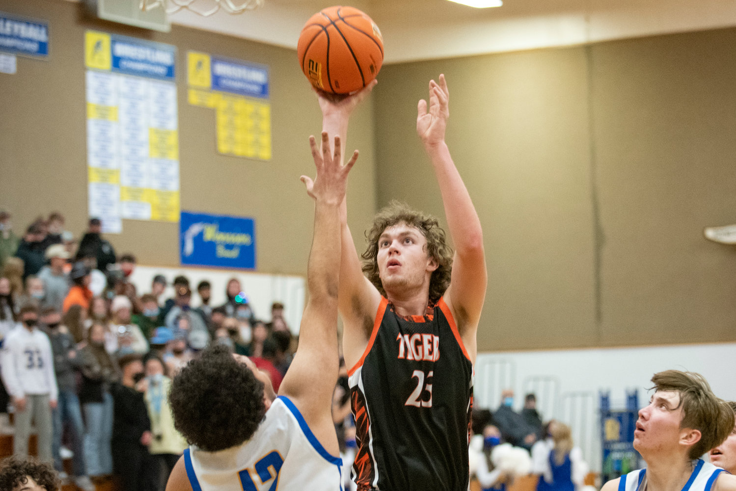 Centralia senior Cole Wasson (23) shoots a jumper during a 2A Evergreen Conference road game at Rochester on Jan. 19.