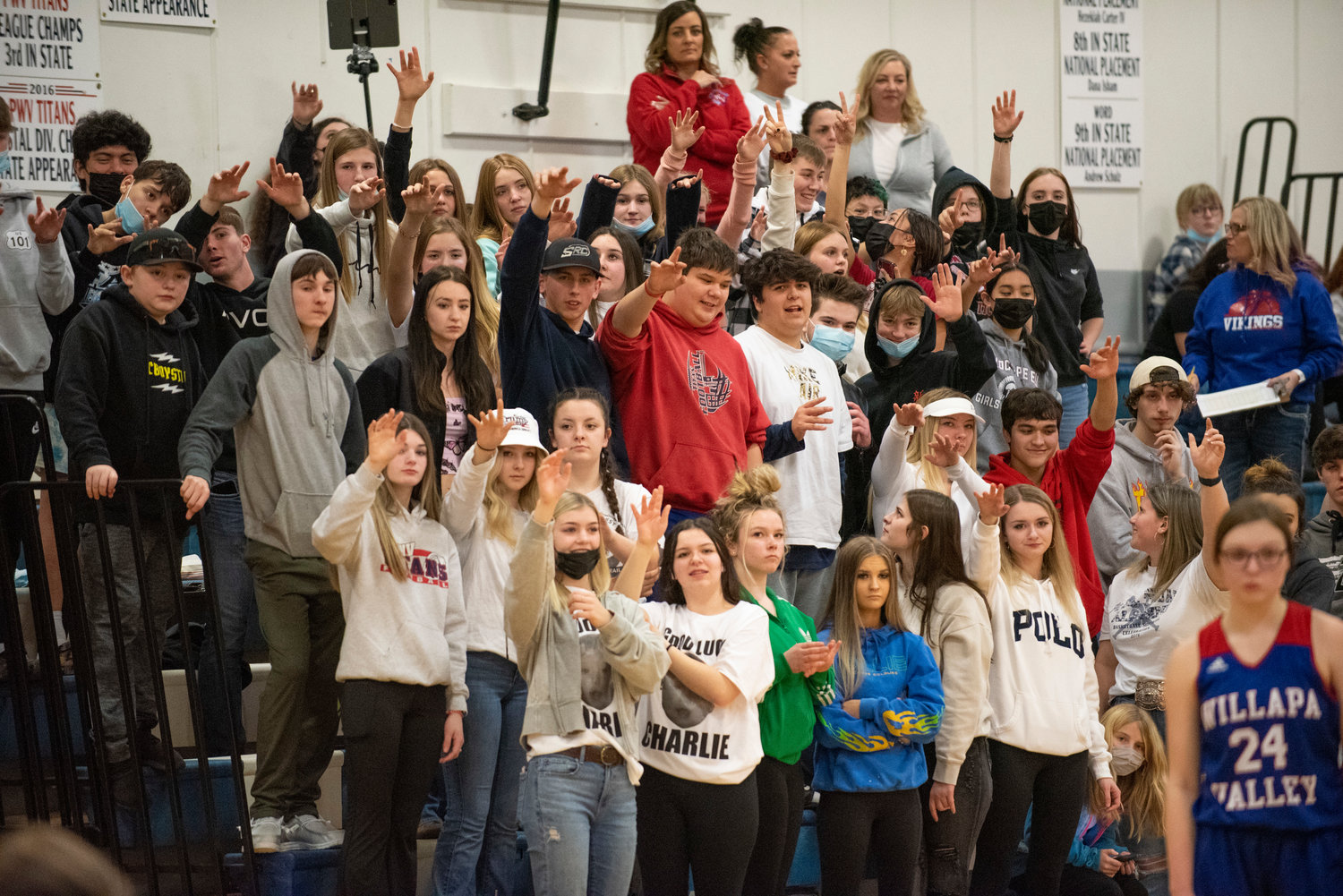 Pe Ells student sections throws a jinx on a Willapa Valley free-throw shooter on Jan. 21.