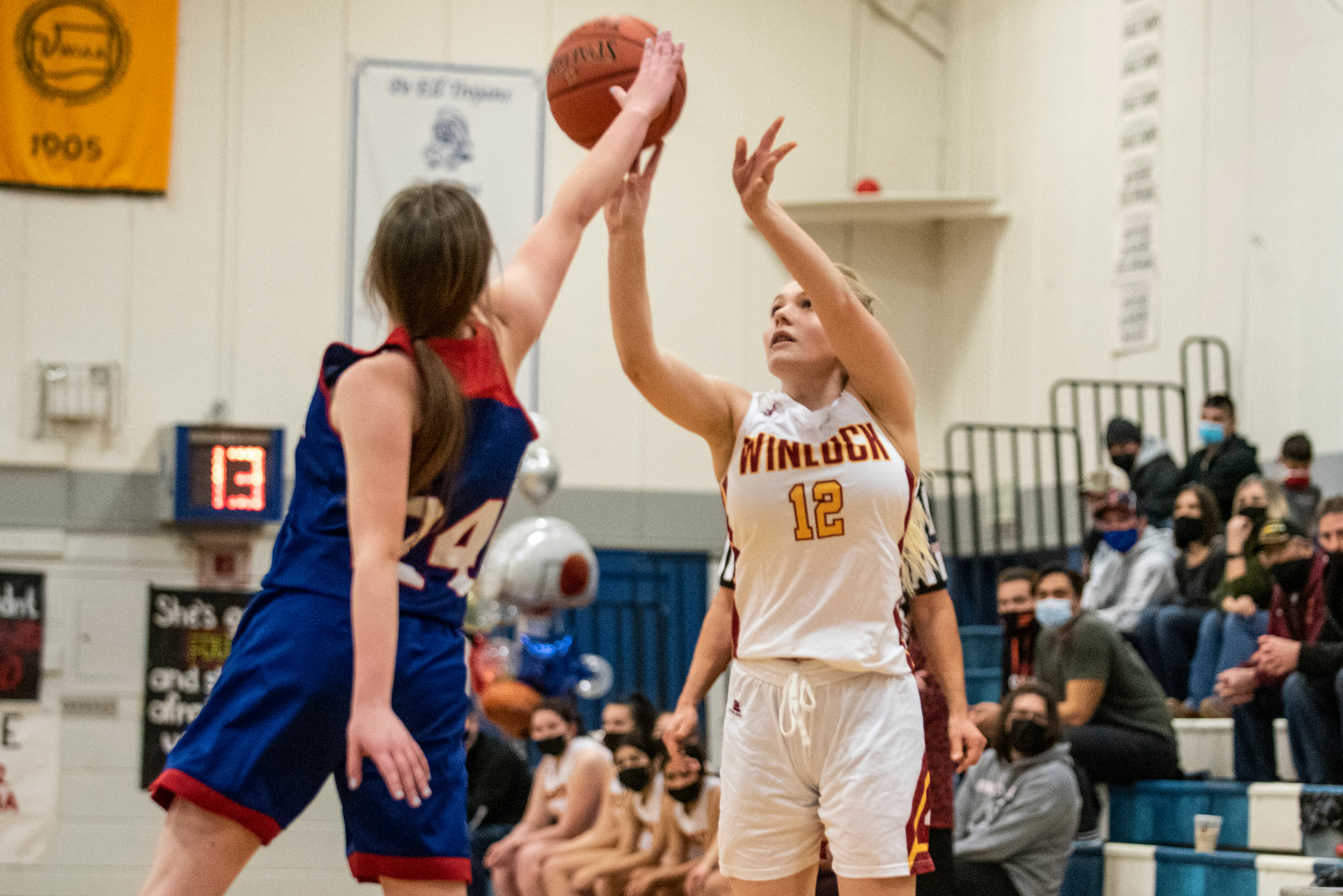 Winlock's Maia Chaney (12) shoots a jumper against Willapa Valley on Jan. 21.