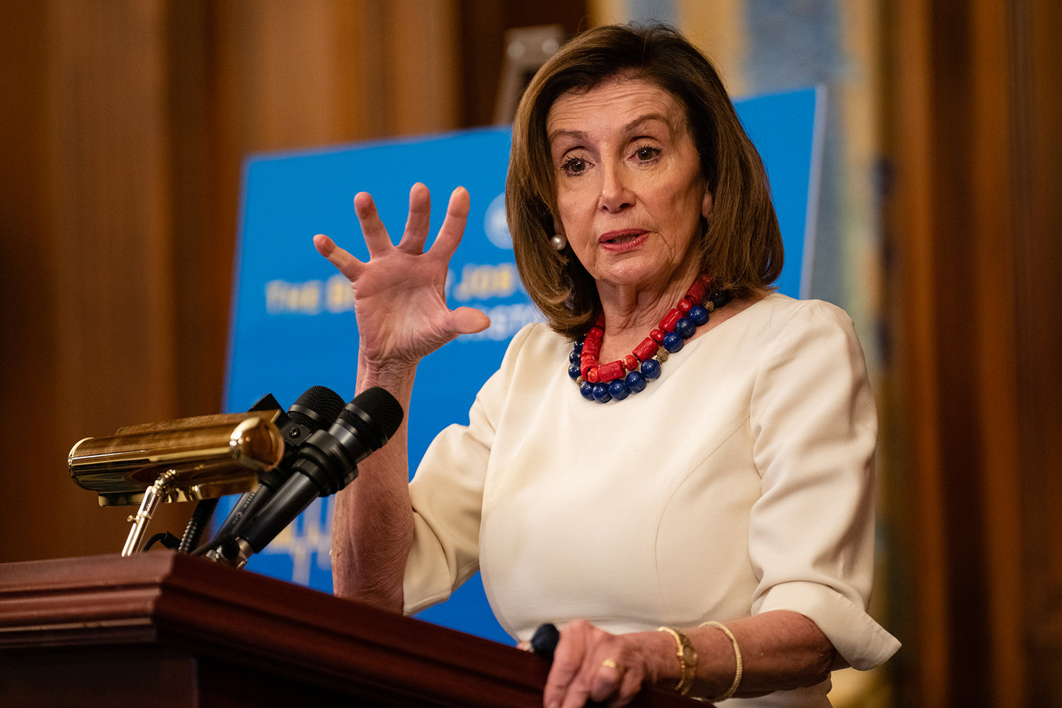 Speaker of the House Nancy Pelosi, D-Calif., talks to reporters during her weekly news conference on Capitol Hill on Jan. 20, 2022, in Washington, D.C. (Eric Lee/Pool/Getty Images/TNS)