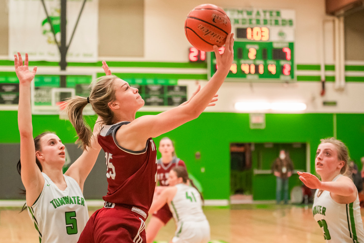 W.F. West’s Kyla McCallum (25) goes up with the ball Wednesday night in Tumwater.