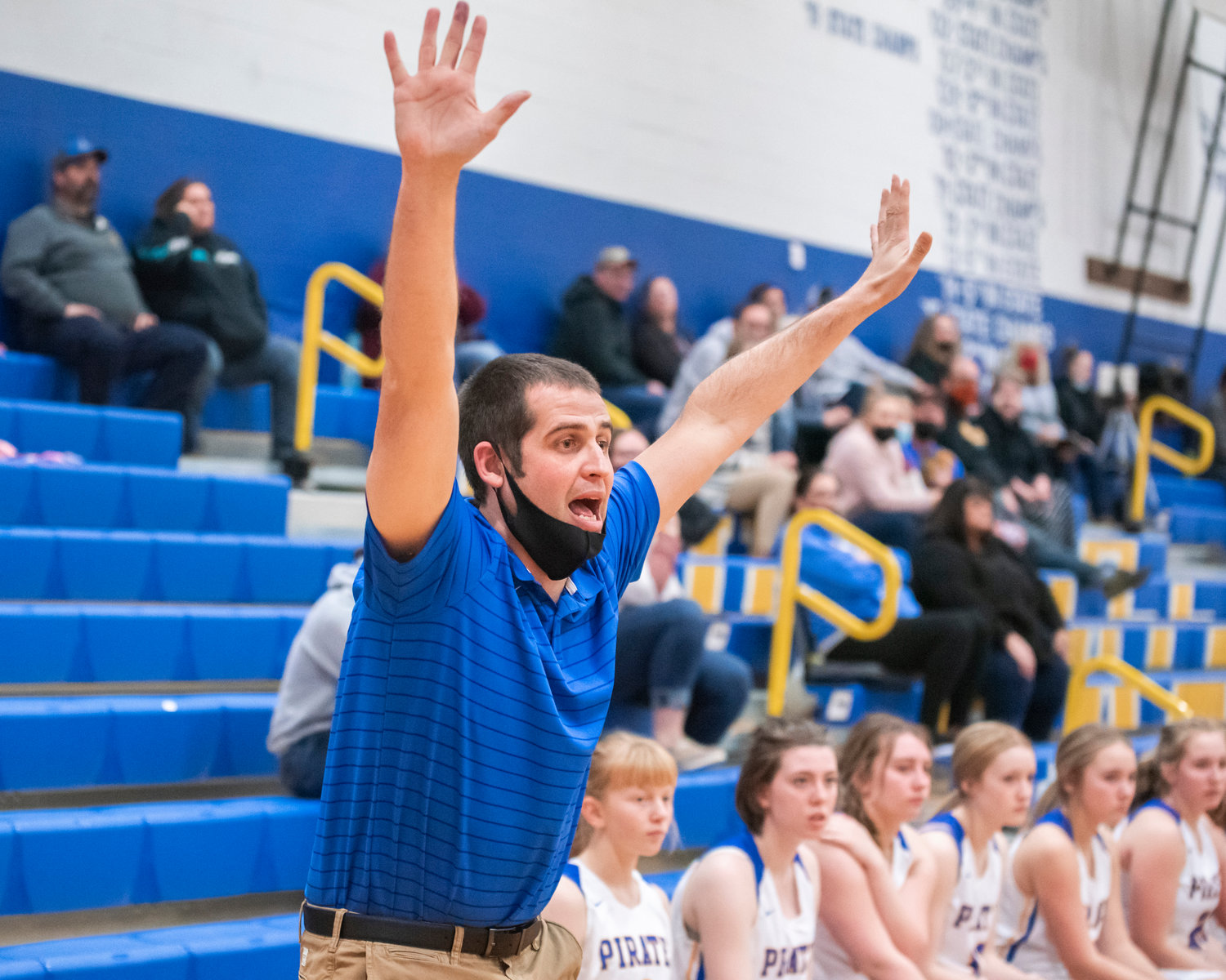 Adna Head Coach Chris Bannish yells to athletes on the court during a game Monday night.